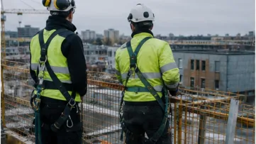 Två personer med hjälmar och säkerhetsselar blickar ut över en byggarbetsplats.