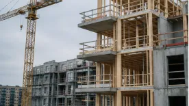 Flerbostadshus under uppförande med träreglar, betongbjälklag och byggkran.