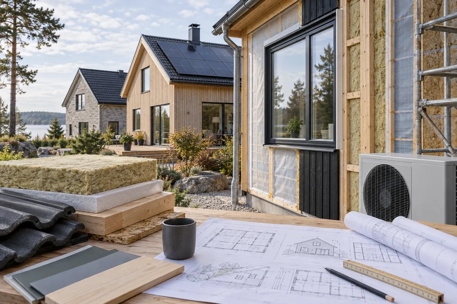 Generisk illustration av ett småhus med energieffektiva detaljer
