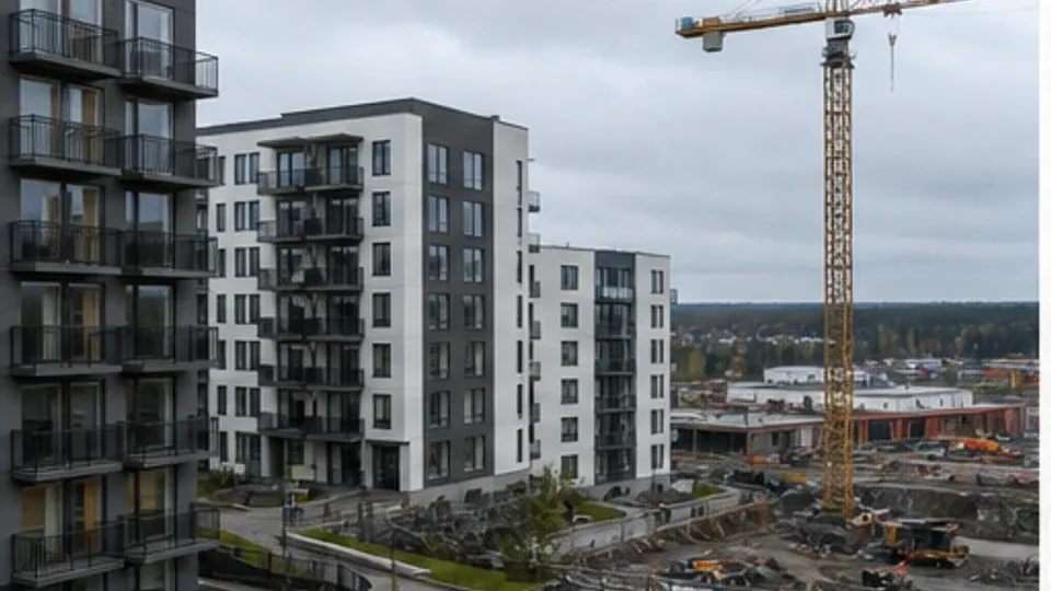 Flerbostadshus och byggkranar vid ett pågående bostadsbygge.