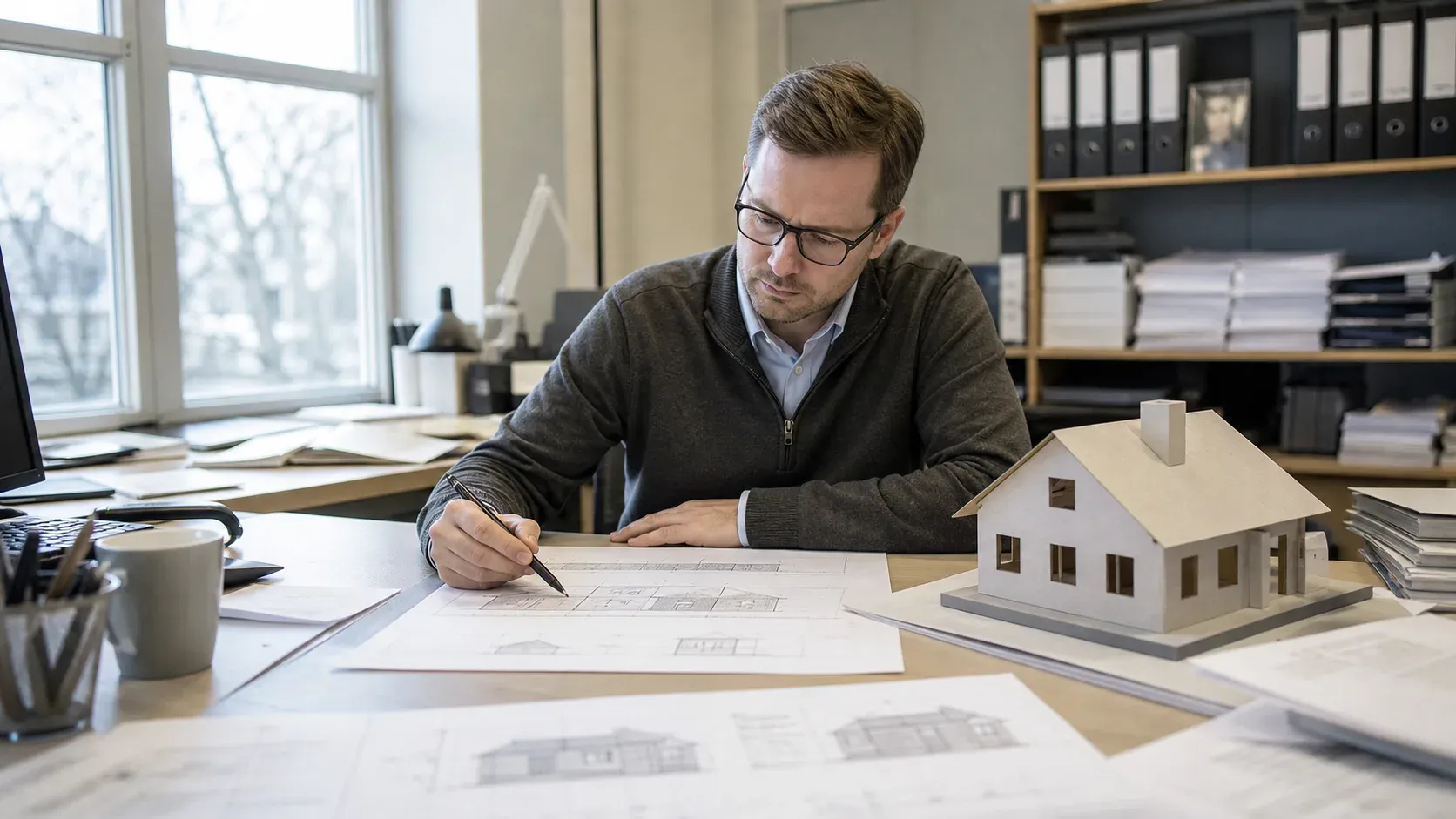En person granskar husritningar vid ett skrivbord med en liten husmodell.
