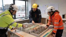 Tre personer med skyddshjälmar granskar en modell med byggnadens installationer.