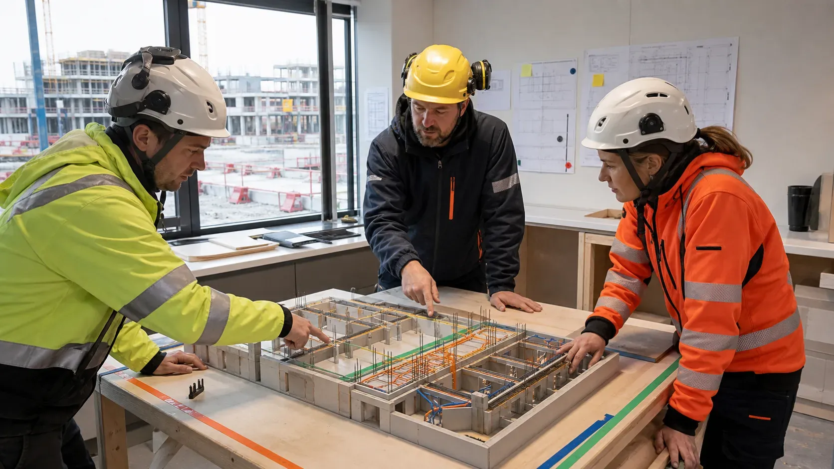 Tre personer med skyddshjälmar granskar en modell med byggnadens installationer.