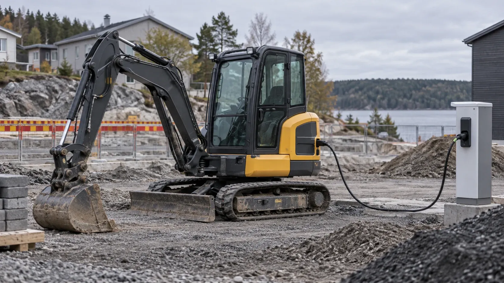 En elektrisk grävmaskin laddas på en byggarbetsplats