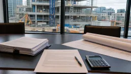 Bygghandlingar, ritningar och miniräknare framför ett pågående byggprojekt