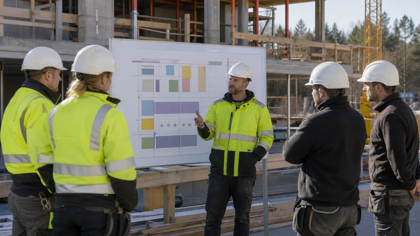 Fem personer med skyddshjälmar samlas kring en planeringstavla på en byggarbetsplats.