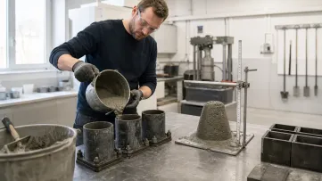 En person häller färsk betong i provformar i ett laboratorium.