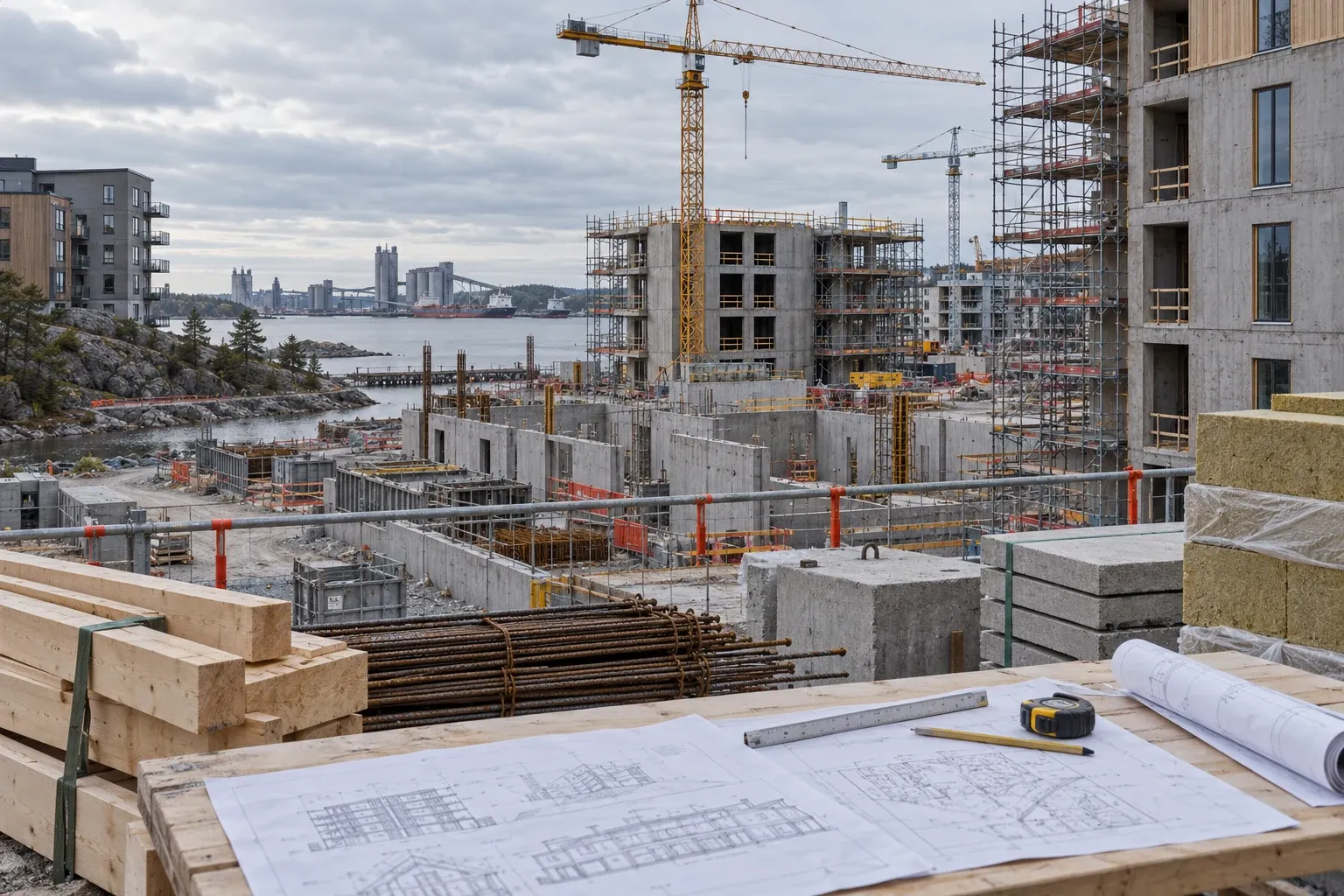 Generisk illustration av industribyggnad och byggställning utan personer
