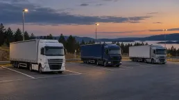 Lastbilar parkerade på en belyst uppställningsplats längs en större väg