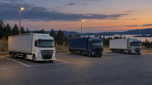 Lastbilar parkerade på en belyst uppställningsplats längs en större väg