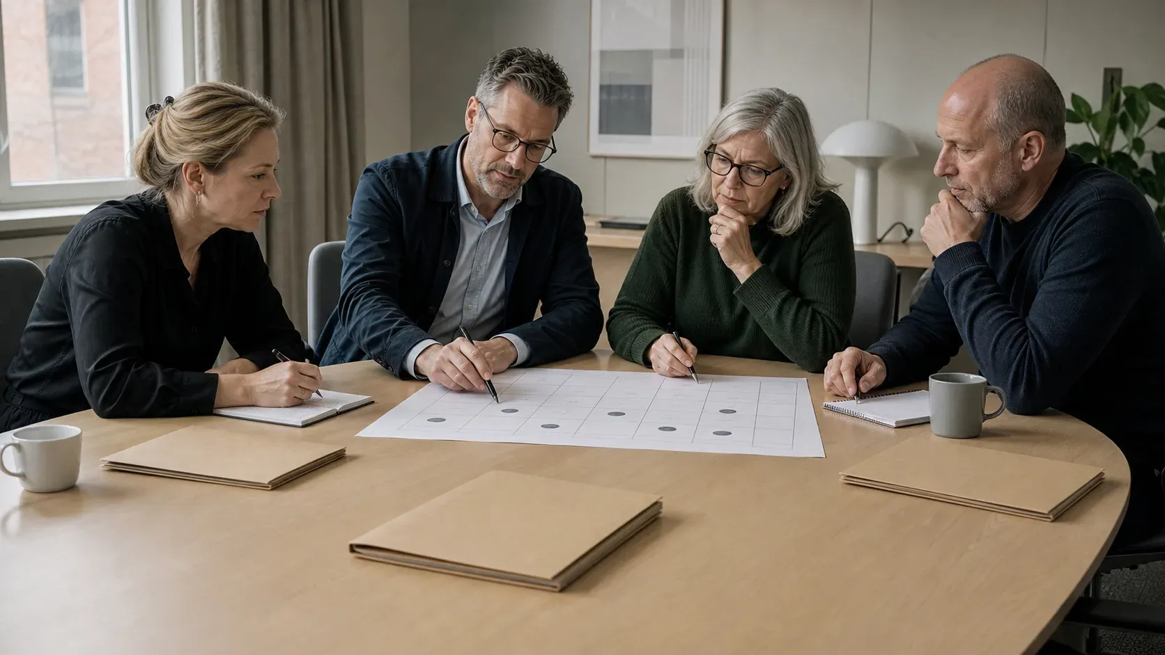 Fyra personer granskar en tabell vid ett mötesbord.