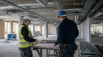 Två personer med skyddshjälmar går igenom ritningar under synliga ventilationskanaler.